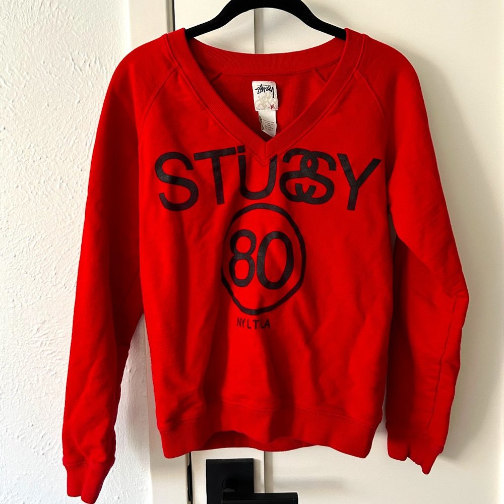 Stussy Retro Women's Red V-Neck Sweatshirt Pullover Long Sleeve